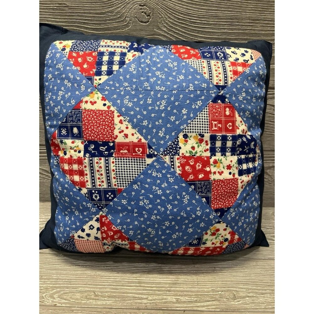 Vintage Colorful Patchwork Throw Pillow 14” Square Handmade Retro Country